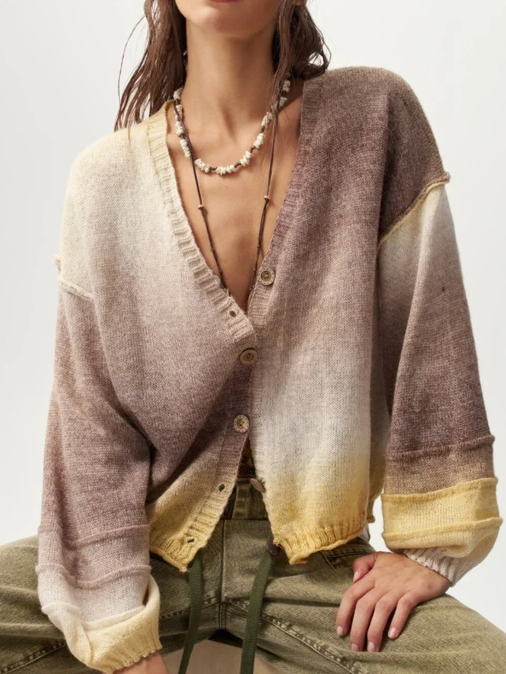 Champagne Casual Women's Gradient Deep V-Neck Knit Cardigan
